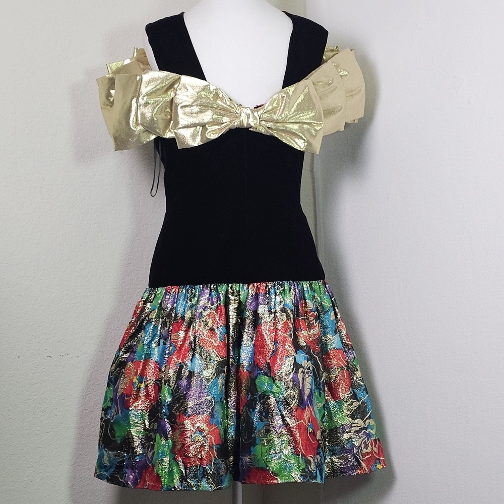 Vintage Morton Myles Saks Velvet Gold Bow Metallic Floral Cocktail Dress Sz S - Picture 5 of 15